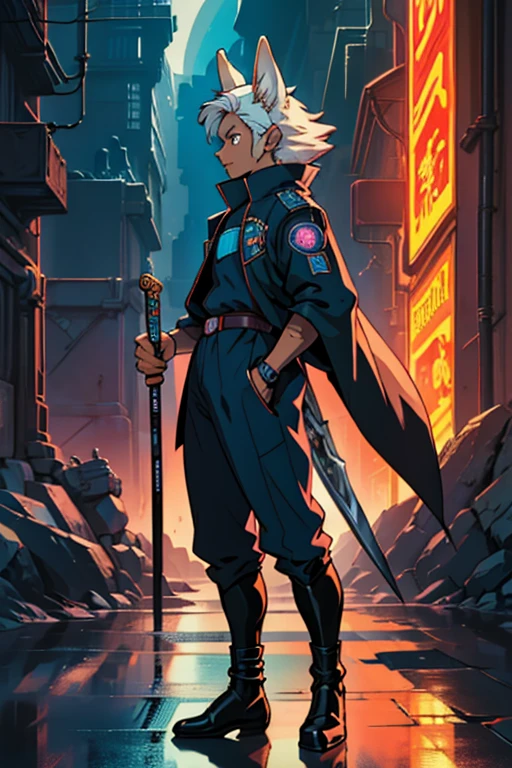 Niji mode, human male sorcerer secret agent, human face with black fire fox ears, full body, wearing an elegant suit made of fine fabric and with magic circuits, holding in both hands a sword with a long handle with carved magic details glowing, glowing eyes, RPG costume , tanned skin, neon punk, art book, Studio ghibli, wide setting, in the middle of a retro cyber punk magical metropolis, magical light reflected in the hair and ear, aura of light, stylish dynamic pose, side view, old anime