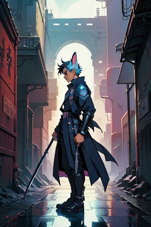 Niji mode, human male sorcerer secret agent, human face with black fire fox ears, full body, wearing an elegant suit made of fine fabric and with magic circuits, holding in both hands a sword with a long handle with carved magic details glowing, glowing eyes, RPG costume , tanned skin, neon punk, art book, Studio ghibli, wide setting, in the middle of a retro cyber punk magical metropolis, magical light reflected in the hair and ear, aura of light, stylish dynamic pose, side view, old anime