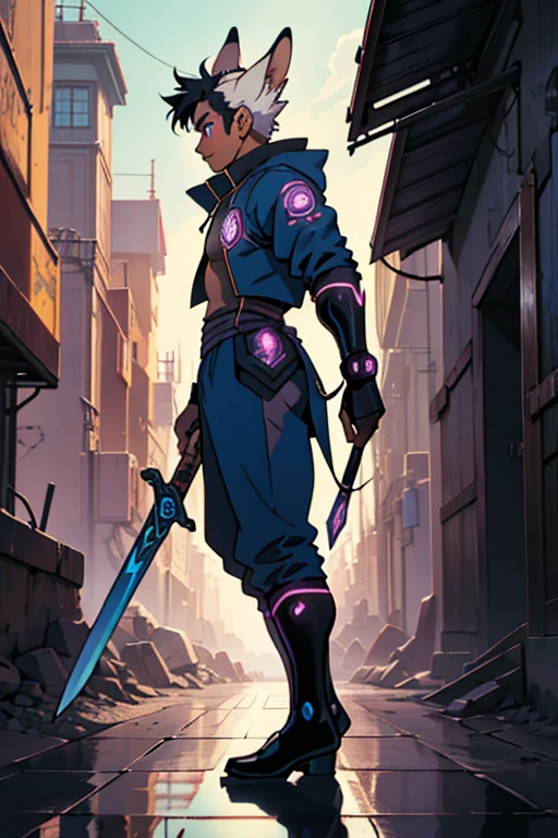 Niji mode, human male sorcerer secret agent, human face with black fire fox ears, full body, wearing an elegant suit made of fine fabric and with magic circuits, holding in both hands a sword with a long handle with carved magic details glowing, glowing eyes, RPG costume , tanned skin, neon punk, art book, Studio ghibli, wide setting, in the middle of a retro cyber punk magical metropolis, magical light reflected in the hair and ear, aura of light, stylish dynamic pose, side view, old anime