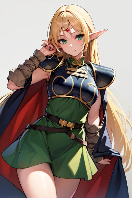 straight-on,pose,looking at viewer,solo, BREAK,  ANI_CLASSIC_deedlit_ownwaifu, www.ownwaifu.com, 
pointy ears, blonde hair, long hair, elf, circlet, green eyes, long pointy ears, very long hair, breasts, medium breasts, earrings, lips, makeup, bangs, 
cape, armor, blue cape, shoulder armor, pauldrons, gloves, breastplate, belt, green dress, short dress, 
(masterpiece:1.4),(best quality:1.4),(absurdres:1.4),pinup,