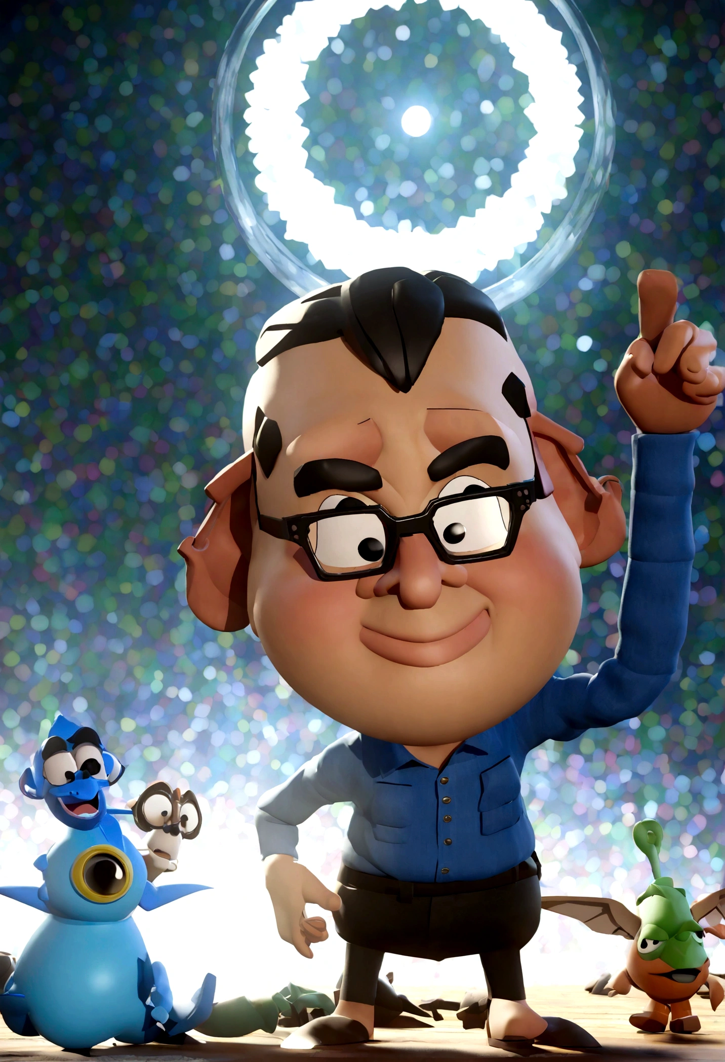 Cartoon character of a man in black glasses and blue shirt, animation character, Caractere estilizado, animation style rendering, 3D estilizado, Arnold Maya rendering, Stylized 3D rendering, toon render screenshot, Personagem 3D, Personagem 3D, Stylized 3D rendering, 3D character rendering, personagem de desenho animado, Personagem de close up, Pose de personagem,  (Estilo Pixar) (parte mestre:1.2) (Bokeh) (melhor qualidade) (pele detalhada) (textura detalhada) (8K) (argila) (cinematic lighting) (sharp focus