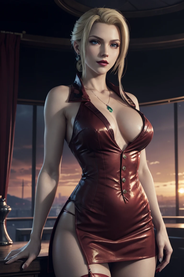 scarlet,final fantasy 7,FF7,blonde hair,one length,let down one side of the bangs,Beautiful purple eyes,white skin,red lips,red long dress,Black see-through blouse,black stockings,red high heels,Emerald Necklace,super high quality,super high quality,masterpiece,digital single lens reflex,realistic,Detailed details,vivid details,depicted in detail,detailed face,Detailed details,Super detailed,realistic skin texture,based on anatomical basis,perfect anatomy,anatomically correct hand,anatomically correct fingers,Complex 3D rendering,sexy pose,beautiful red tulip field,Final Fantasy Worldview,Dark worldview,fantastic sunset,Fantastic sunset,beauty like a painting,smile,