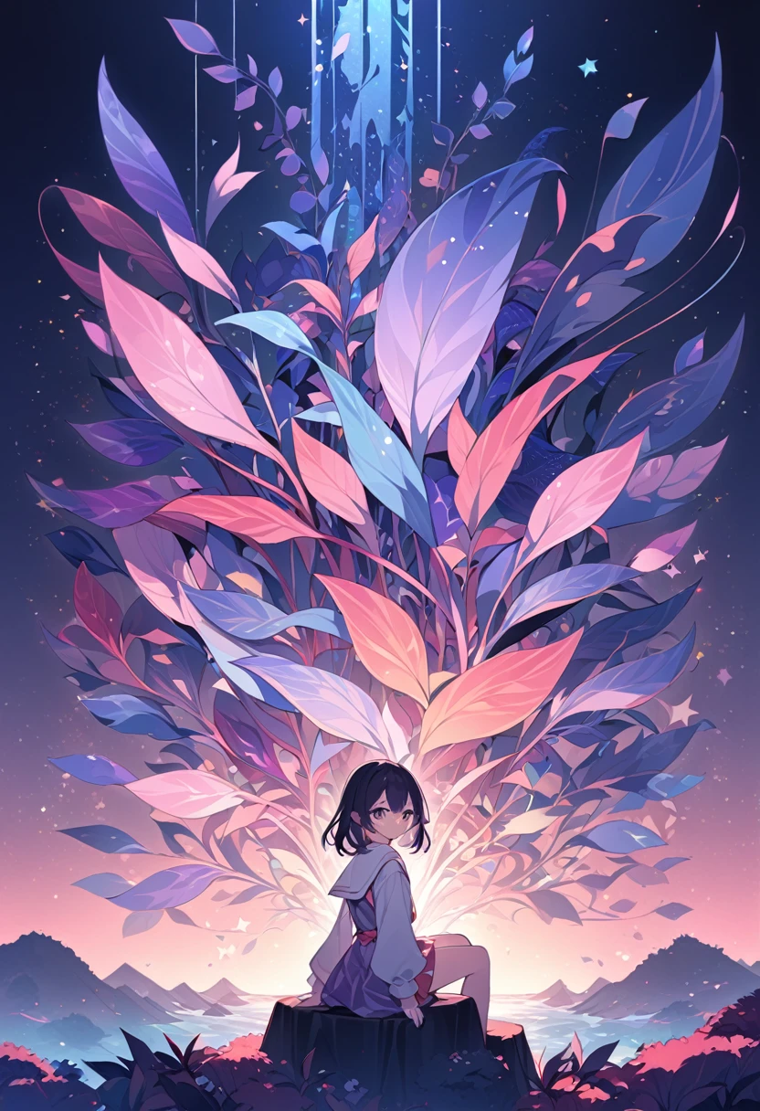 A young anime-style girl with long dark hair standing in a colorful, fantastical landscape with large, abstract plant-like shapes in shades of purple, pink, and red against a dark blue sky with stars,sitting,looking at the stars