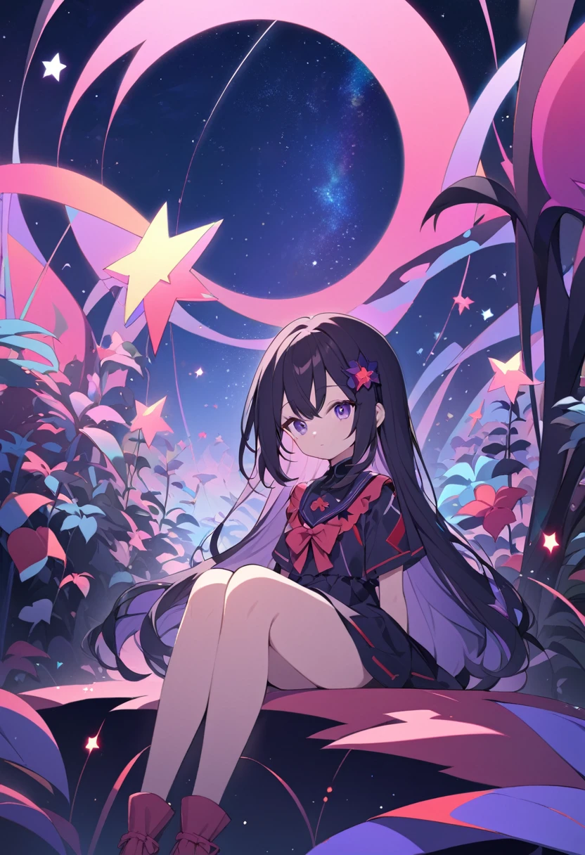 A young anime-style girl with long dark hair standing in a colorful, fantastical landscape with large, abstract plant-like shapes in shades of purple, pink, and red against a dark blue sky with stars,sitting,looking at the stars   