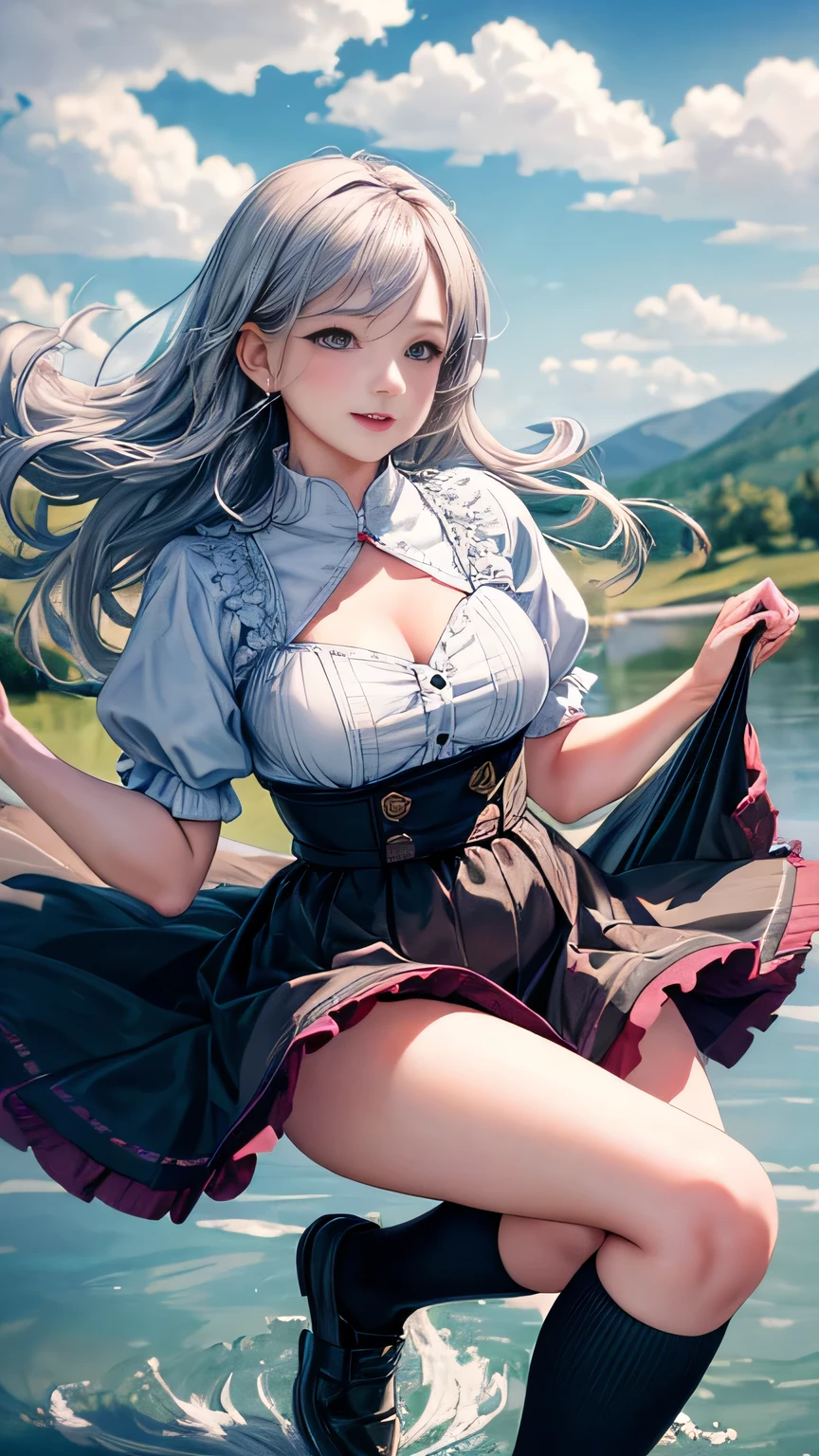 (One girl, 28 years old:1.3), (Realistic:1.4), (masterpiece, highest quality, highest quality, Official Art), Very detailed, Most detailed, (Super detailed), ((Very delicate and beautiful)), Cinematic Light, (Realistically:1.3), (Highly detailed skin:1.2), High resolution, 8k UHD, 4K, 8k, Bokeh, Digital single-lens reflex camera,（Cute older sister:1.3）、Long eyelashes、Slanted Eyes、smile,Spring atmosphere、noon、Aggressive、((Strong winds))、Black knee-high socks、 Dynamic Angle, From above, Moderately breasted, Cleavage, Spread your legs a little、Henry Shirt、skirt、Silver Hair、shy