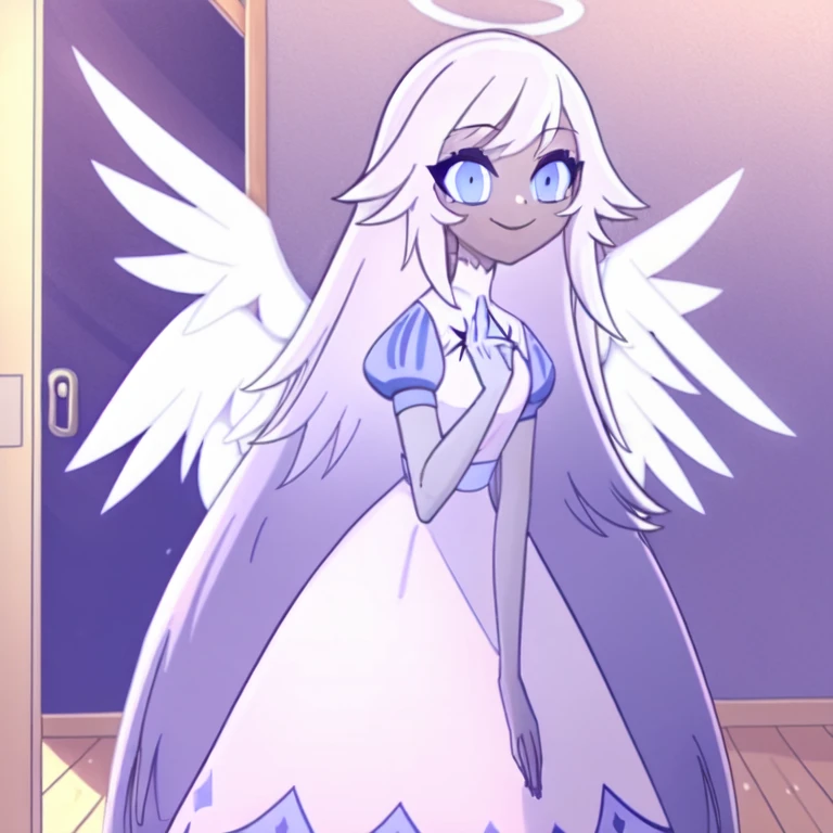 (in a wooden bedroom:1.1), a girl, angel, angel wings, blue eyes, colored skin, Emily, grey skin:1.2, halo, light blue sclera, long hair, closed mouth, , smile, very long hair, white dress, white hair, colored skin,  