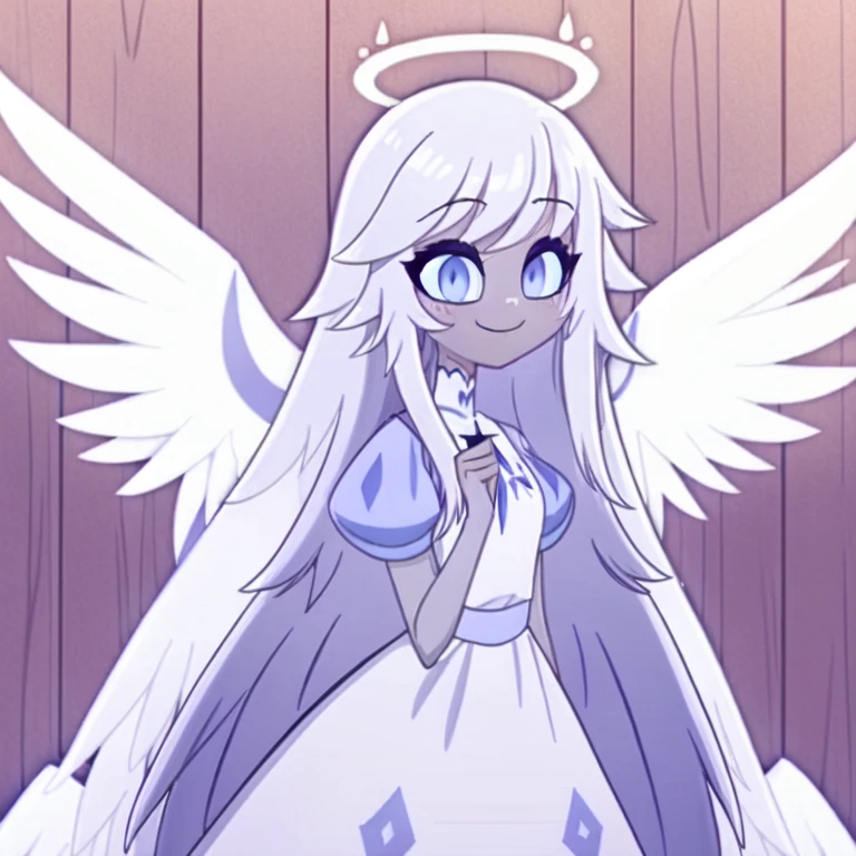 (in a wooden bedroom:1.1), a girl, angel, angel wings, blue eyes, colored skin, Emily, grey skin:1.2, halo, light blue sclera, long hair, closed mouth, , smile, very long hair, white dress, white hair, colored skin,  