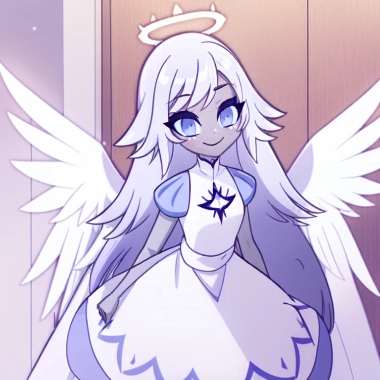 (in a wooden bedroom:1.1), a girl, angel, angel wings, blue eyes, colored skin, Emily, grey skin:1.2, halo, light blue sclera, long hair, closed mouth, , smile, very long hair, white dress, white hair, colored skin,  