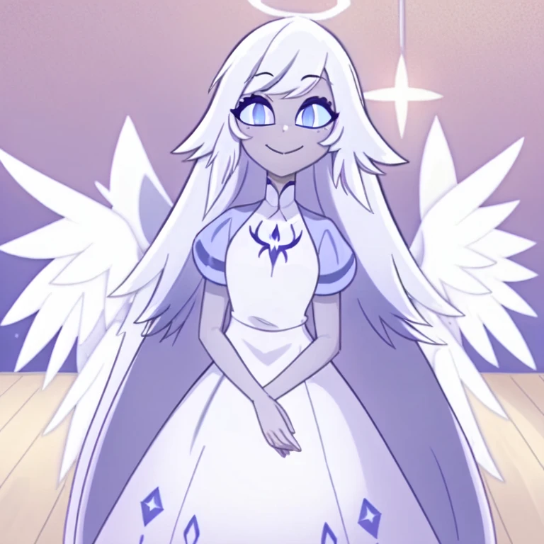 (in a wooden bedroom:1.1), a girl, angel, angel wings, blue eyes, colored skin, Emily, grey skin:1.2, halo, light blue sclera, long hair, closed mouth, , smile, very long hair, white dress, white hair, colored skin,  