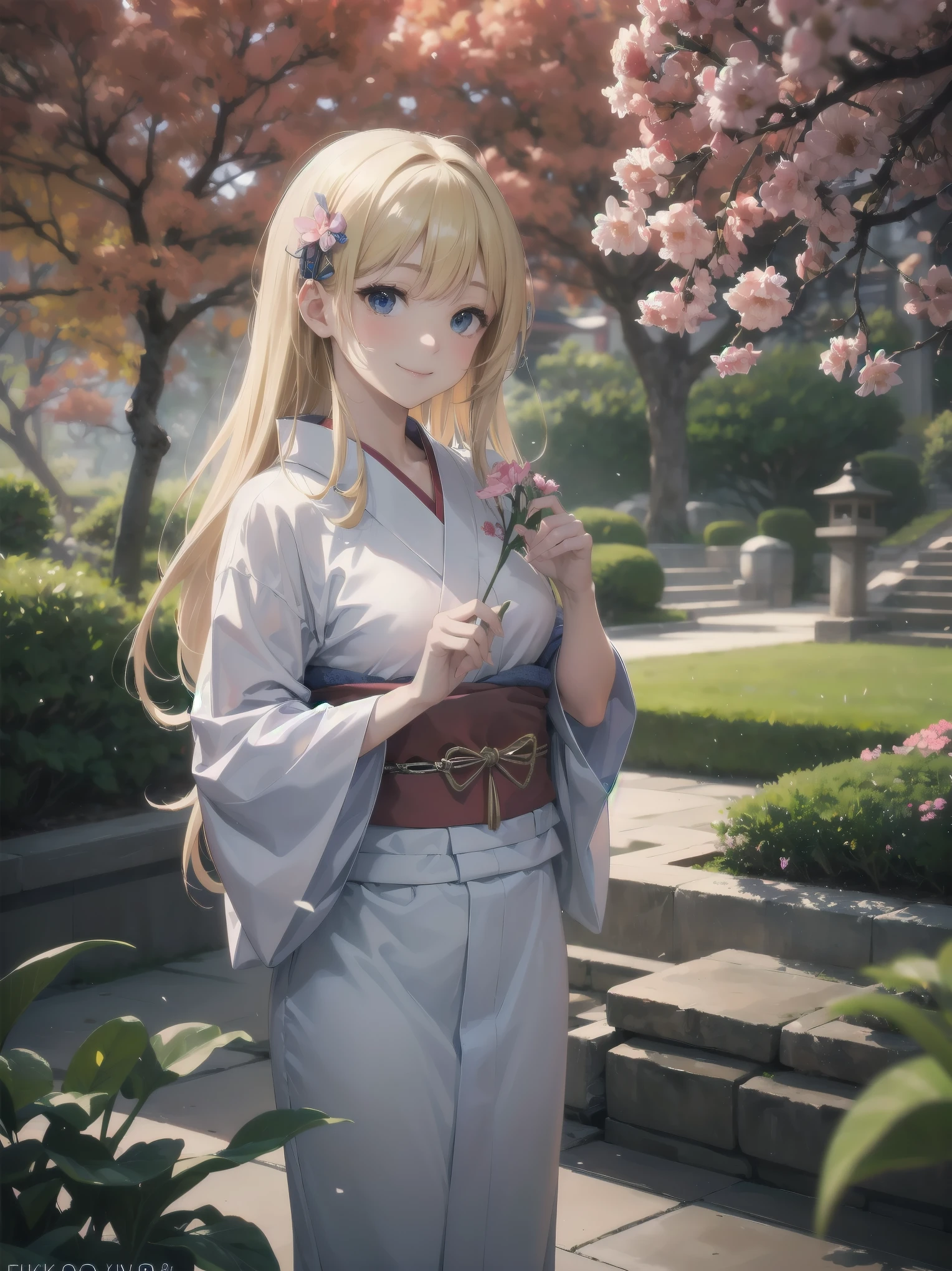 Subject: pretty beautiful girl
Subtitle: {Long, straight blonde hair}{Japanese-style yukata}{Posing picking flowers}{Japanese garden}{Smiling demurely}{Mirrorless camera, f/1.8, 1/400 sec, ISO 800, soft focus effect}
A beautiful girl with long, straight blonde hair stands in a quiet Japanese garden. She is wearing a beautiful Japanese yukata and is elegantly picking flowers. Her modest smile enhances her elegance and makes for a memorable scene. In the background is a lush green Japanese garden, which gives the scene a traditional beauty. The photo was taken with a mirrorless camera at f/1.8 aperture, shutter speed 1/400 sec, ISO 800, and the soft-focus effect adds to the soft, magical atmosphere.