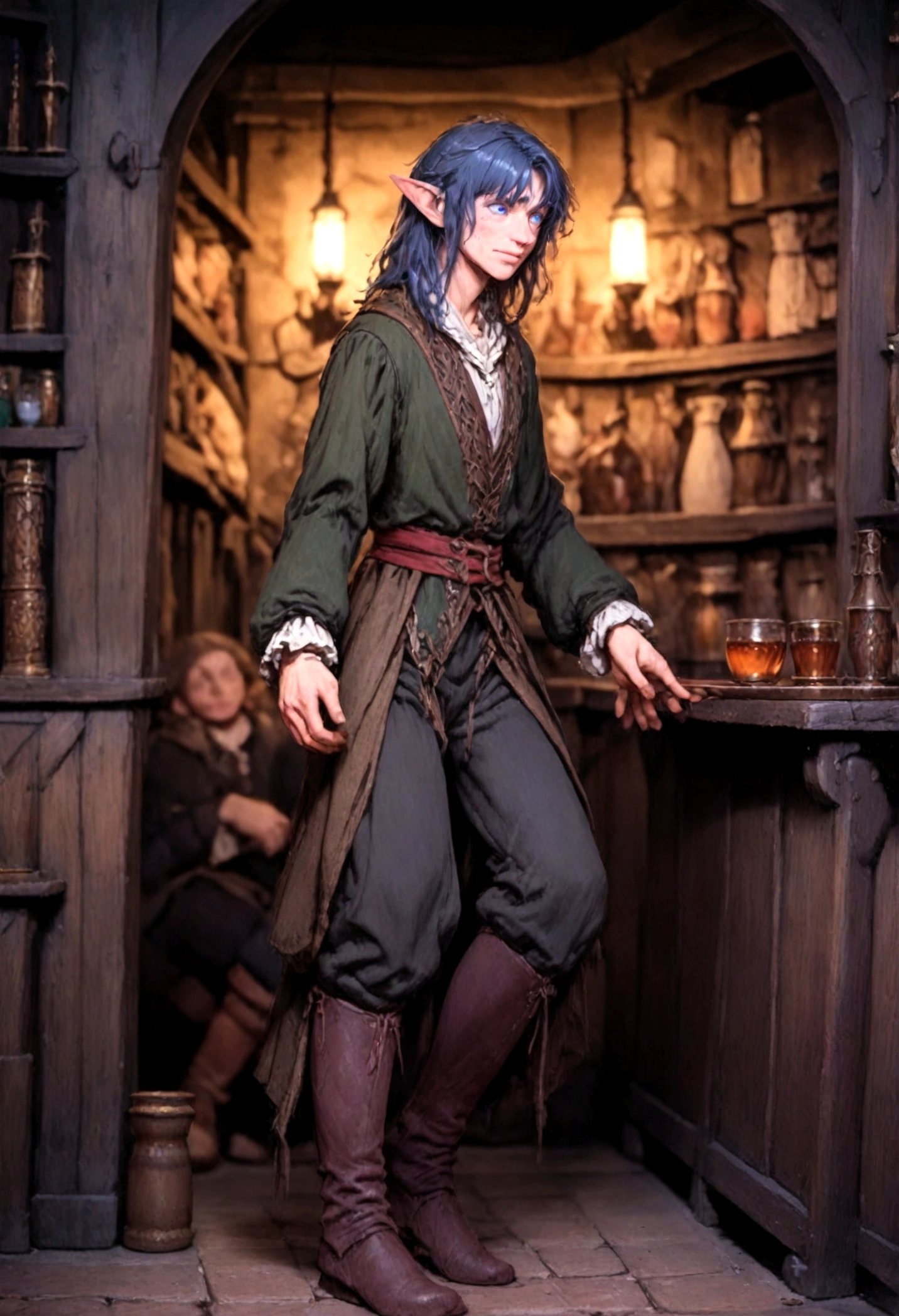 male, Reference design, (fantasy character design, front corner, back corner) Wear dark clothing blue and black、sloppy looking person, humble clothes, Suitable for clandestine activities. Nervous eyes glanced around, Showing tension and uneasiness after failure. Lean body shape suggests agility of movement. (masterpiece:1.2), (best quality:1.3) Elf, long sleeve, concept art