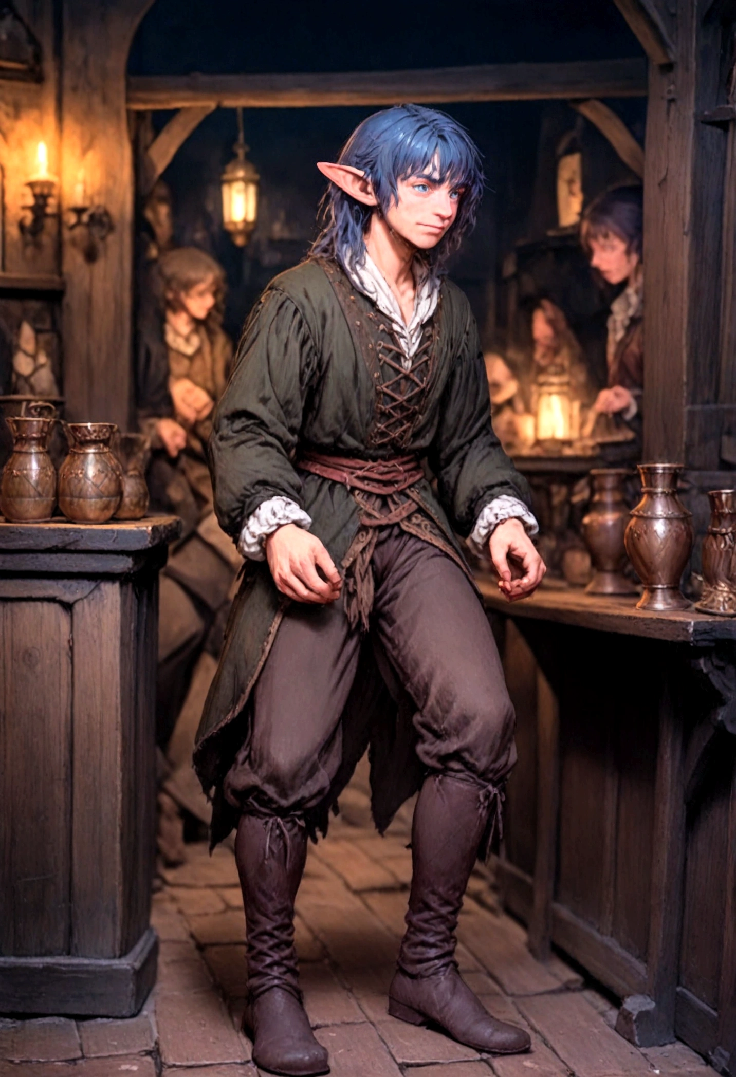 male, Reference design, (fantasy character design, front corner, back corner) Wear dark clothing blue and black、sloppy looking person, humble clothes, Suitable for clandestine activities. Nervous eyes glanced around, Showing tension and uneasiness after failure. Lean body shape suggests agility of movement. (masterpiece:1.2), (best quality:1.3) Elf, long sleeve, concept art