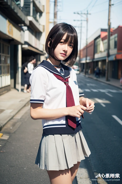 Analog Style, RAWphotograph, photograph, Hyperrealistic, amateur photo shot , Aesthetic artwork, ((Magazine Cover、Large text)), On the city streets, Detailed skin, detailed natural raw light, Very detailedな, Cinematic, highest quality, Super detailed, Very detailed, grain, noise, Heading, stylish, font, Memorable、A boyish and healthy beautiful girl,((Flowing sweat)) Beautiful Eyes, Realistic eyes, Beautiful details in the eyes, (Realistic Skin),Japanese Idols、short hair、(((High school girl)))、(((Short skirt))),choker , (((High school uniform)))