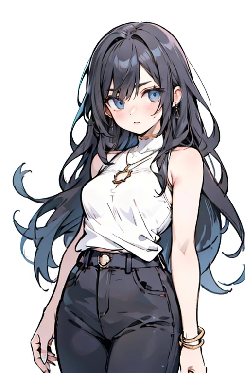 uma mulher de 20 anos、Cabelo preto azul、rabo de cavalo、(fade alto:1.3)、tema escuro、tons silenciados、Cor suave、altamente contraste、(texturas naturais da pele、hiper-realismo、luz suave、Afiado)、inventar, mascara, Lips are smooth or colored, fundo preto simples, minimalismoo, monotonous, paletas de cores simples, limpar, Afiado designs, silhuetas fluidas, skirts and tight pants, high-waisted skirts and pants, vestidos simples, camisas e blusas, asymmetric, geometric, Materiais e designs elegantes e luxuosos, simples, minimal accessories, Fine silver or gold necklaces and rings, simples bangles, Designs diferenciados, silhuetas simples, estilo simples e sofisticado, elegance, minimalismo, materiais de alta qualidade, cool and urban print, alta moda, Simplicity and sophistication,