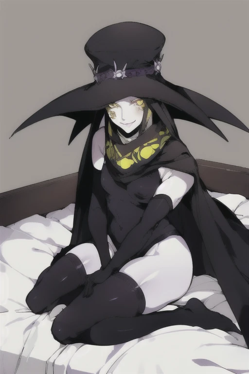 Scathach, hat, smile, yellow eyes, white skin, cape, shin megami tensei, gloves, black shirt, black socks, sitting on the bed, bedroom, best quality, masterpiece 