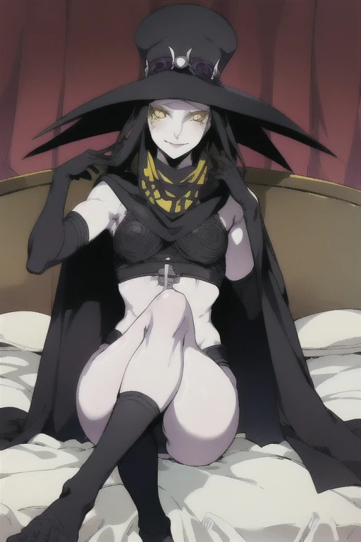 Scathach, hat, smile, yellow eyes, white skin, cape, shin megami tensei, gloves, black shirt, black socks, sitting on the bed, bedroom, best quality, masterpiece 