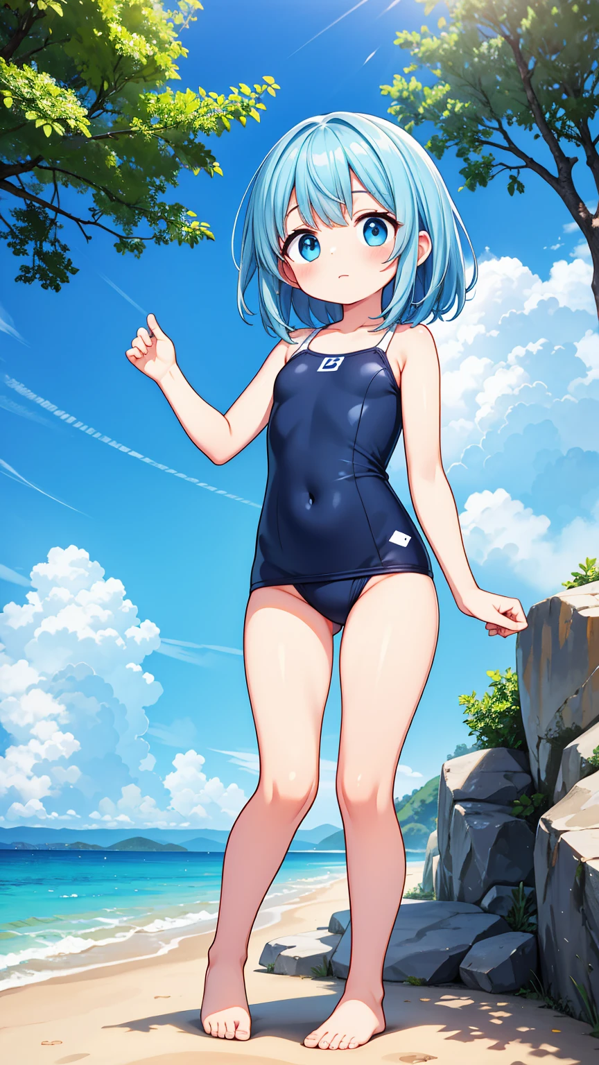 masterpiece, best quality, 4k, blush, outdoors, daytime, simple background, blue sky, rippled hair, sky, looking at the audience, girl, flat breasts, (chibi:0.6), very cute expression, small short legs, avatar, toes, blue small swimsuit