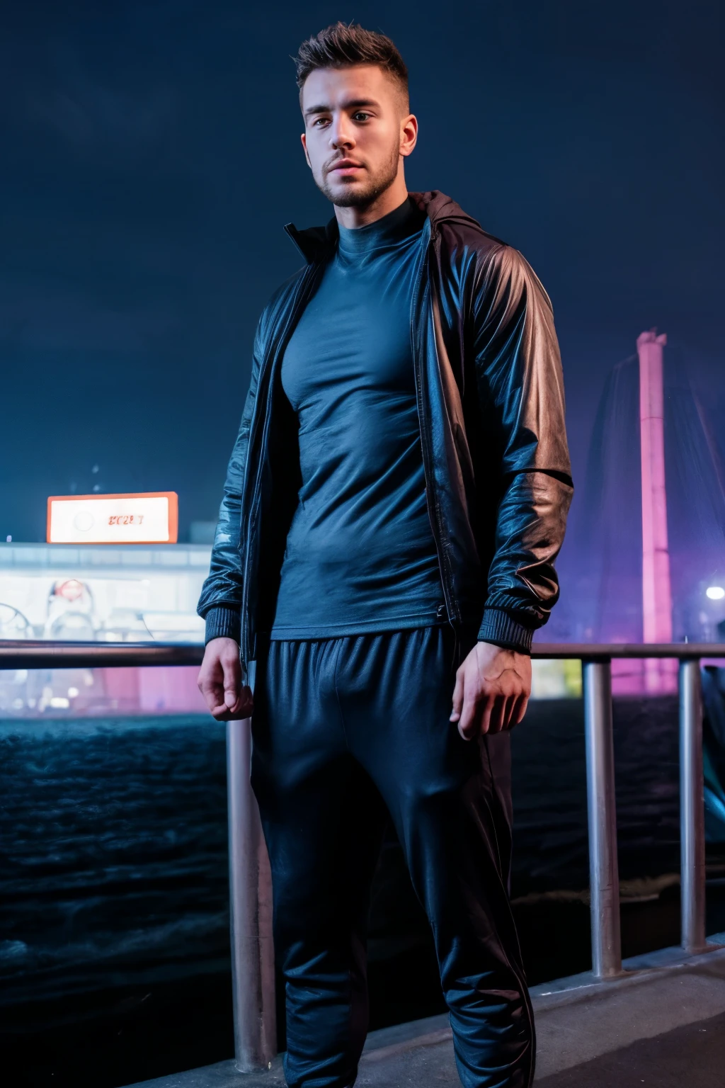 25-year-old man, man wears black gym pants, man wears purple shirt and gray jacket over it, there's a blue motorcycle in the background, night vision, cyberpunk background, he's on top of a bridge, thin and defined man, handsome man, man, 24