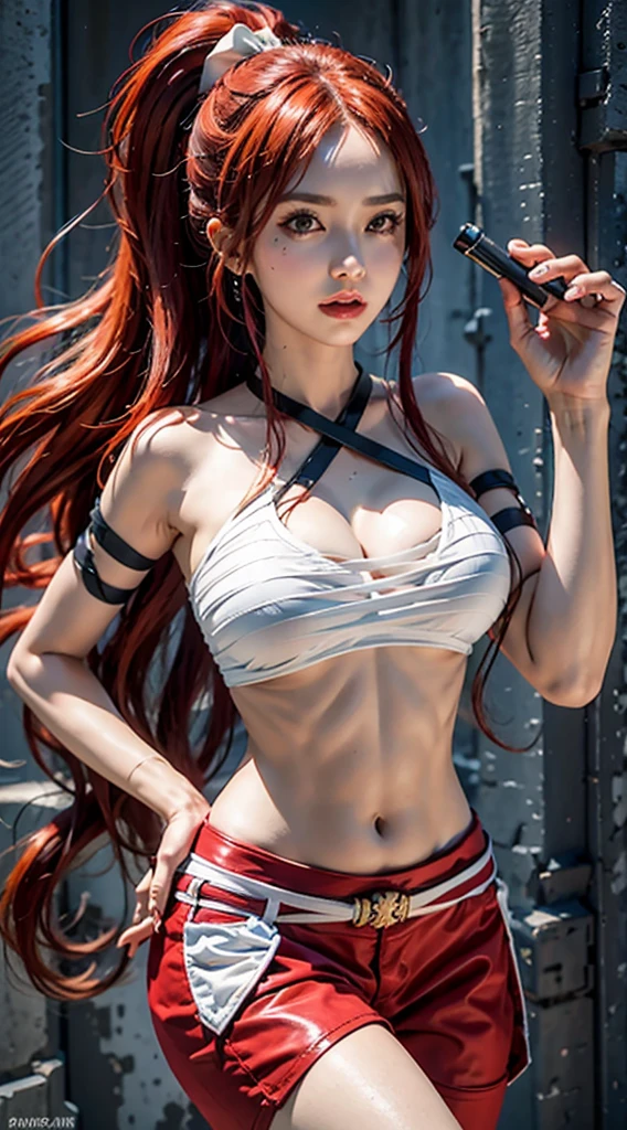 photorealistic, high resolution, 1women, mature female, solo, hips up, fairy tail, 1girl, long hair, red hair, ponytail, white ribbon, hair over one eye, brown eyes, large breasts, collarbone, chest sarashi, bandage, bare arms, midriff, red hakama, red pants