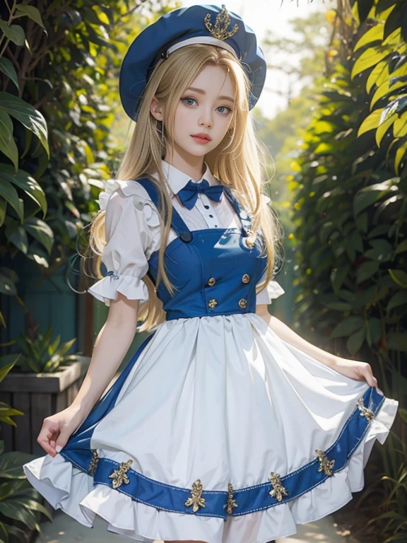 portlate、Alice in Wonderland、Blue sky、Bright and very beautiful face、Young shiny shiny white shiny skin、Best Looks、The most beautiful bright blonde hair in the world、finer hair、Super long silky straight hair、Beautiful bangs that shine、Glowing crystal clear big blue eyes、Very beautiful lovely 16 years old most beautiful girl in the world、White Apron、Blue Dress、large full breasts