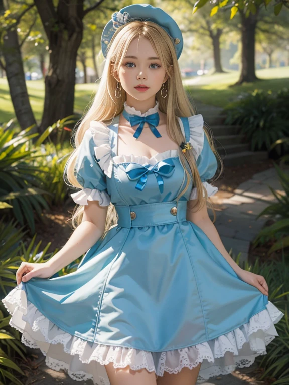 portlate、Alice in Wonderland、Blue sky、Bright and very beautiful face、Young shiny shiny white shiny skin、Best Looks、The most beautiful bright blonde hair in the world、finer hair、Super long silky straight hair、Beautiful bangs that shine、Glowing crystal clear big blue eyes、Very beautiful lovely 16 years old most beautiful girl in the world、White Apron、Blue Dress、large full breasts