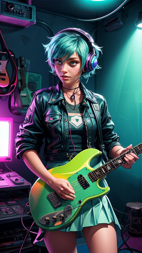 a photorealistic masterpiece, 1girl, short punk hair, green eyes, blue neon skirt, headphones, holding plectrum, (((playing electric:)1.5) guitar indoors), best quality, 8k, ultra-detailed, realistic lighting, vivid colors, physically-based rendering, professional studio lighting.