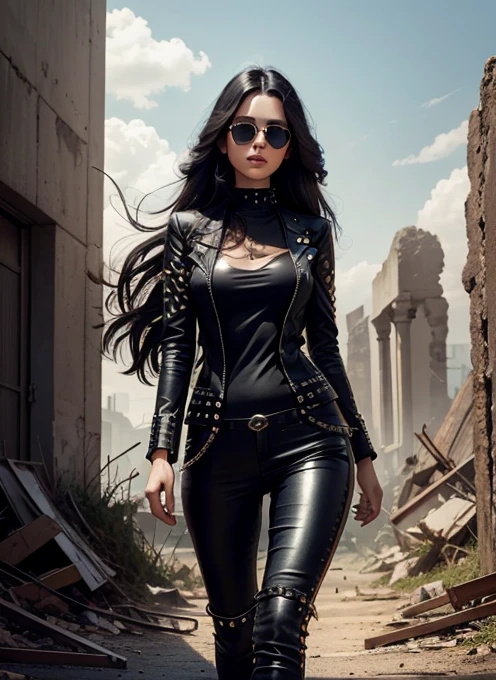 Beautiful woman, medium dark long hair, black sunglasses, black clothes, rivets, just one body, in the ruins, front view