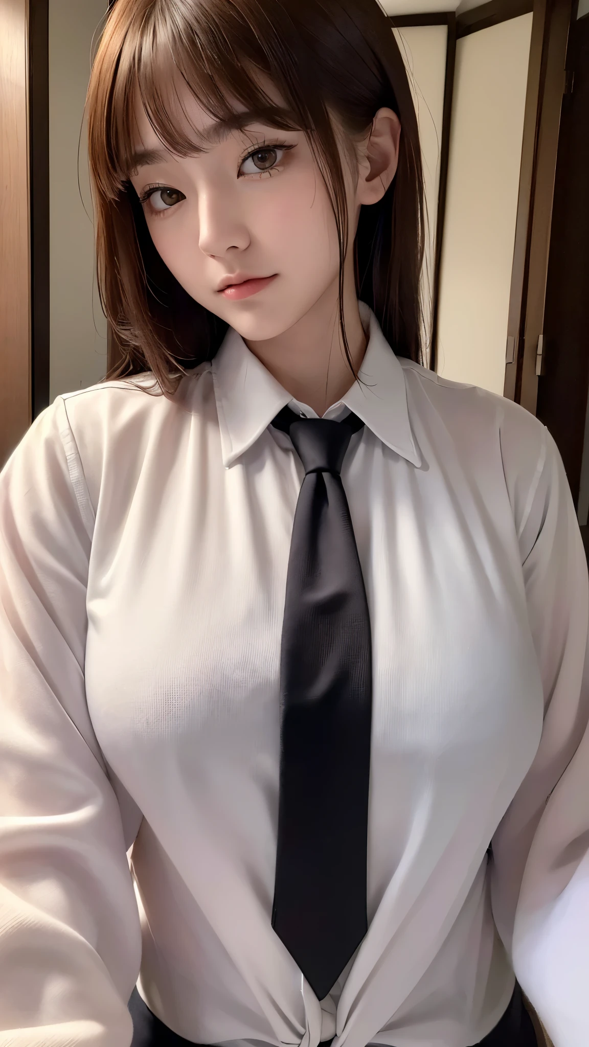 (((masterpiece))),(((High resolution)))、(((8K)))、(((perfect face)))、(((beauty of japan)))、20 years old、(((beautiful face))), (((business shirt and tie))), Plump, top quality eyes, detailed texture, look at the camera, , ((high resolution face))