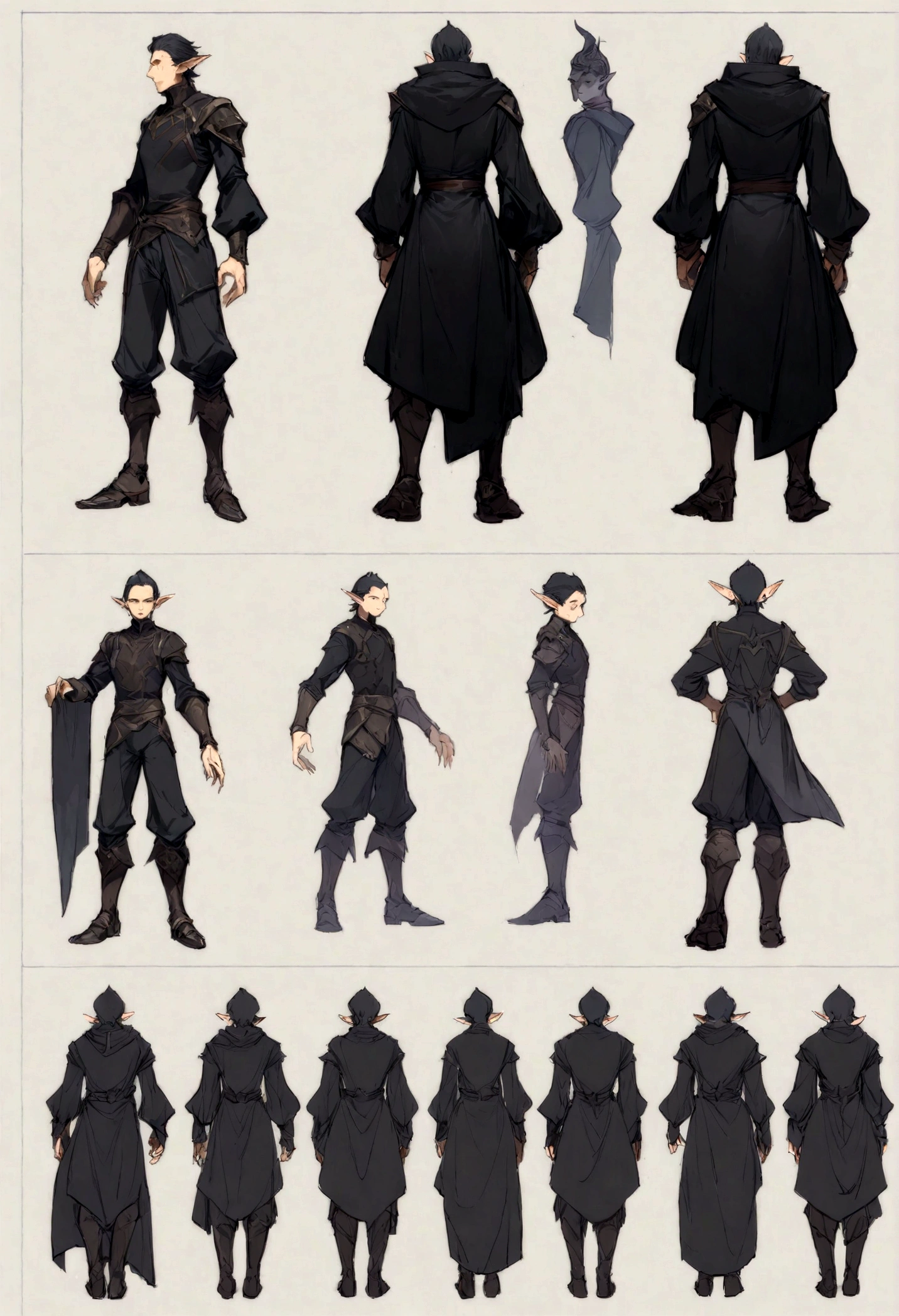 male, Reference design, (fantasy character design, front corner, back corner) Wear dark clothing blue and black、sloppy looking person, humble clothes, Suitable for clandestine activities. Nervous eyes glanced around, Showing tension and uneasiness after failure. Lean body shape suggests agility of movement. (masterpiece:1.2), (best quality:1.3) Elf, long sleeve, concept art