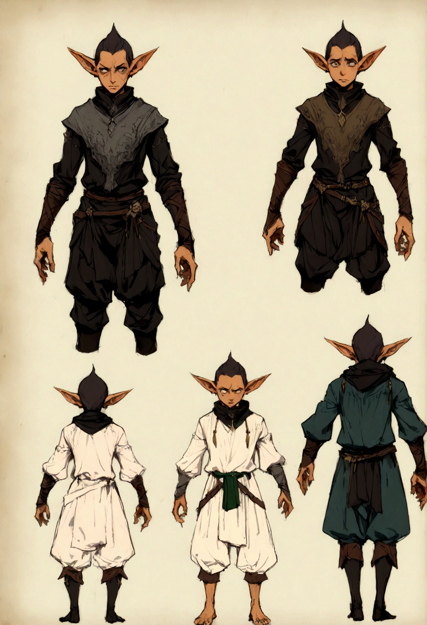 male, Reference design, (fantasy character design, front corner, back corner) Wear dark clothing blue and black、sloppy looking person, humble clothes, Suitable for clandestine activities. Nervous eyes glanced around, Showing tension and uneasiness after failure. Lean body shape suggests agility of movement. (masterpiece:1.2), (best quality:1.3) Elf, long sleeve, concept art