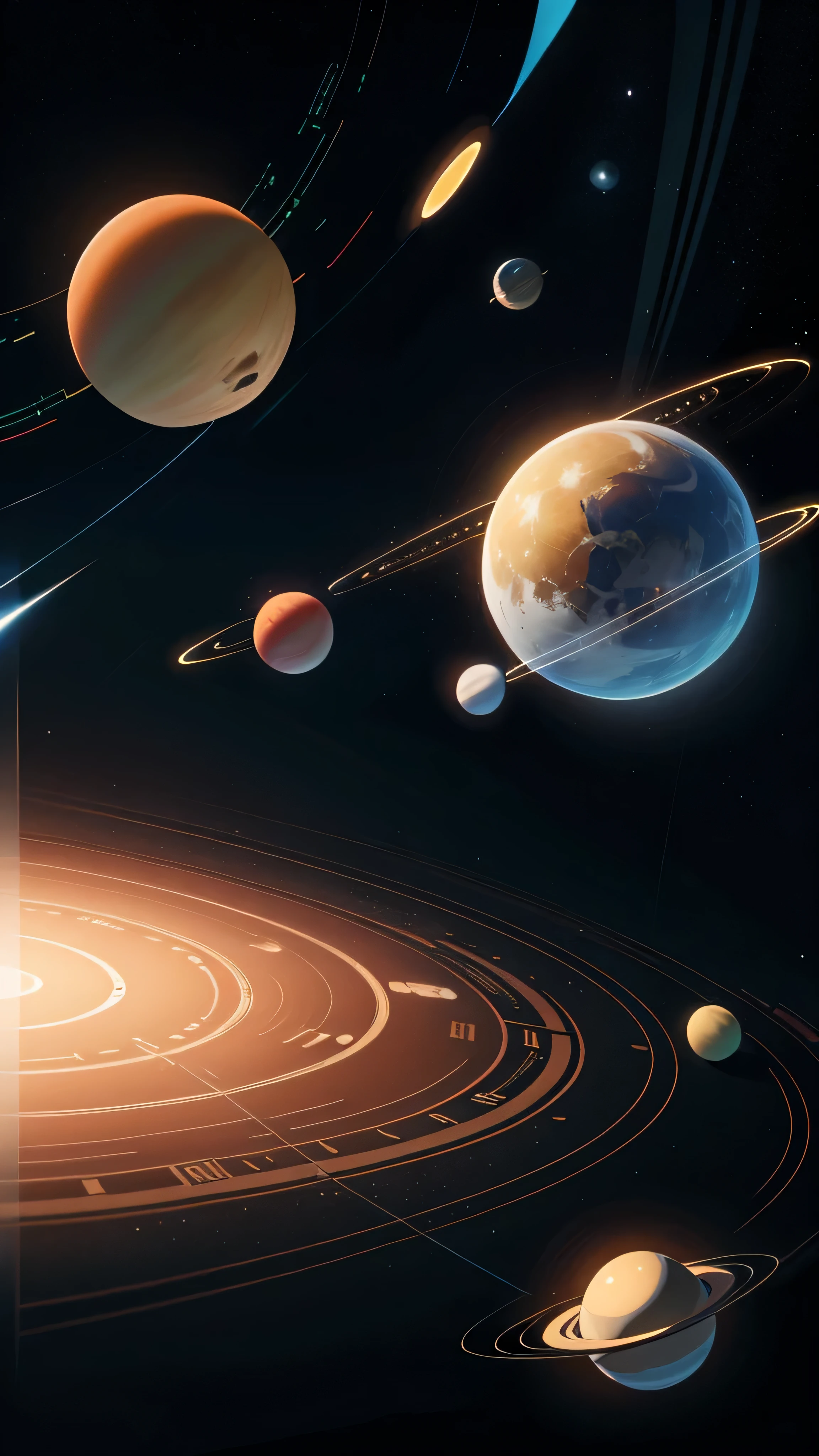abstract digital art piece featuring a minimalist design that depicts the orbits of planets around the sun within our solar system, 2d, illustrative, blueprint, minimal background, epic