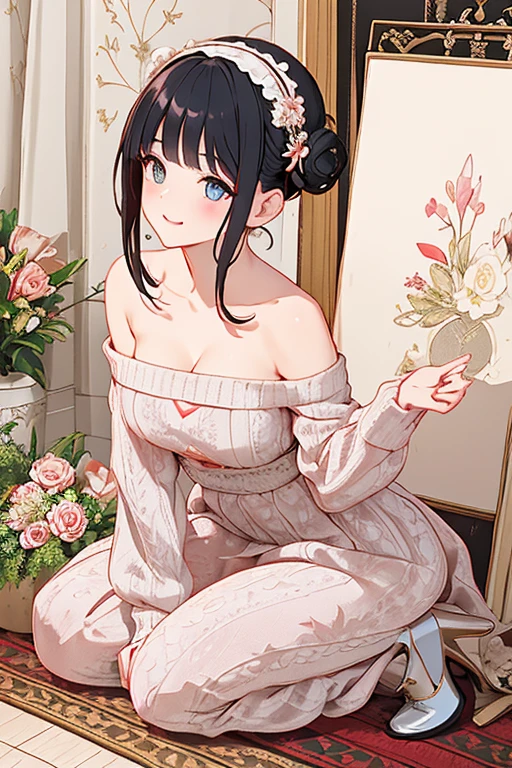(((Masterpiece))),(((Super Detail))),(((in 8K))),(((best composition))),(((Rim lighting,Fireglow effect,deep shadow))),solo,(Hatsune Miku:1.0),Beautiful fingers,Detailed finger features,(Detailed hair features:1.7),(Dynamic and sexy bending pose:1.3),detailed facial features,detailed clothes features, (perky chest:1.1), (pointed chest:1.3), delicate beautiful face, Bright blue eyes, cute eyes, sparkling eyes, Big eyes, beautiful detailed eyes,double bun with glittering hair ornament,(super detailed glossy skin:1.3),slender body,tits,goddess smile,((with sparkling eyes and a contagious smile)),beautiful posture,have a cup of coffee,black hair, red eyes, dress, bare shoulders, jewelry, collarbone, sidelocks, hairband, earrings, indoors, off shoulder, sweater, arms behind back, plant, short hair with long locks, white hairband, off-shoulder dress, sweater dress, off-shoulder sweater, red sweater, big side hair, very long side hair,(super delicate floral pattern:1.2),seductive cleavage:1.3,beautiful glossy legs,shiny red high heels,lifting dishes with cakesd,french restaurant,hustle and bustle,rising steam,(((depth of fields)))