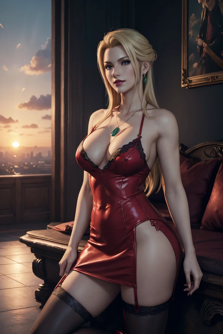 scarlet,final fantasy 7,FF7,blonde hair,one length,let down one side of the bangs,Beautiful purple eyes,white skin,red lips,red long dress,Black see-through blouse,black stockings,(((red high heels))), Stilleto Heels))), Emerald Necklace,super high quality,super high quality,masterpiece,digital single lens reflex,realistic,Detailed details,vivid details,depicted in detail,detailed face,Detailed details,Super detailed,realistic skin texture,based on anatomical basis,perfect anatomy,anatomically correct hand,anatomically correct fingers,Complex 3D rendering,sexy pose,beautiful red tulip field,Final Fantasy Worldview,Dark worldview,fantastic sunset,Fantastic sunset,beauty like a painting,smile,