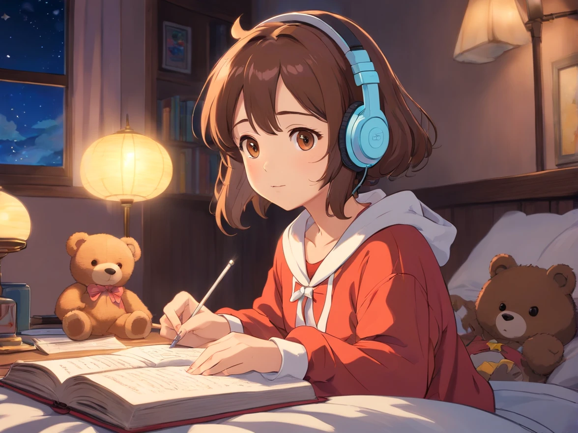 Japanese girl 20 years old, brown hair, beautiful brown eyes, cute face, teddy bear style pajamas, Studying in your room , wearing headphones, night, anime style 4k