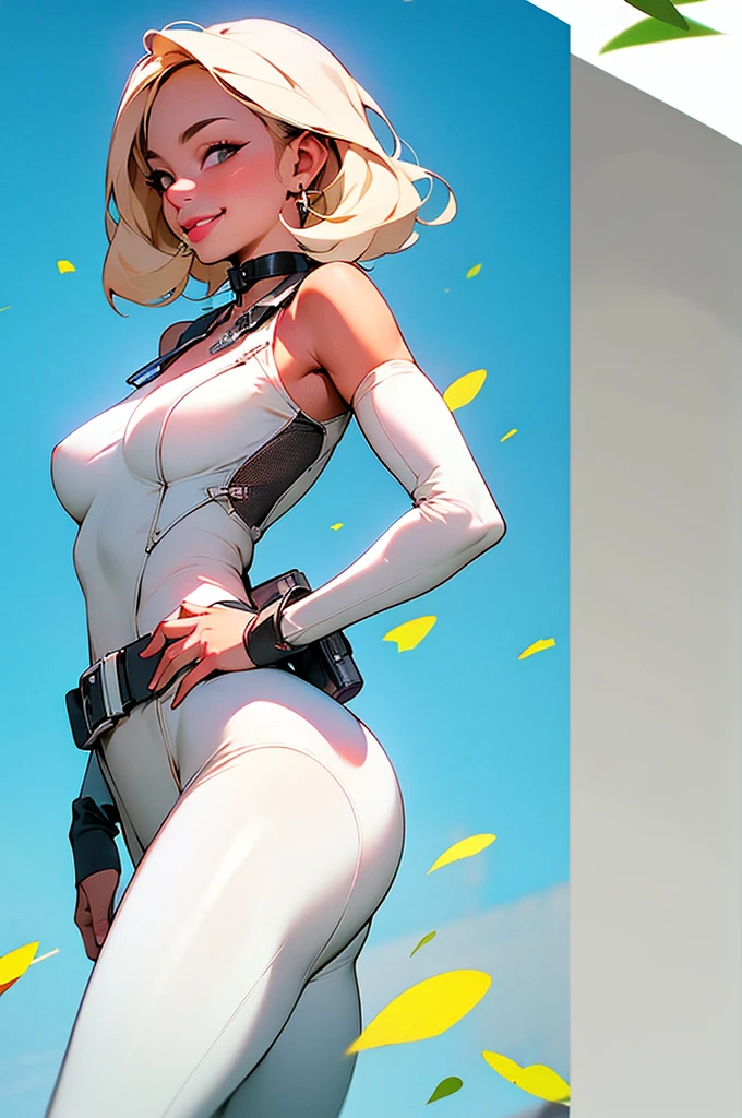 masterpiece,(masterpiece, top quality, best quality),1girl, solo, platinum blonde hair, belt, hand on hip, holding, large breasts, white bodysuit, choker, supergirl insignia white jumpsuit, simple background, looking at viewer, smile, bodysuit, medium short hair, cowboy shot, bangs, standing, lips, closed mouth, brown eyes, medium hair, center opening,