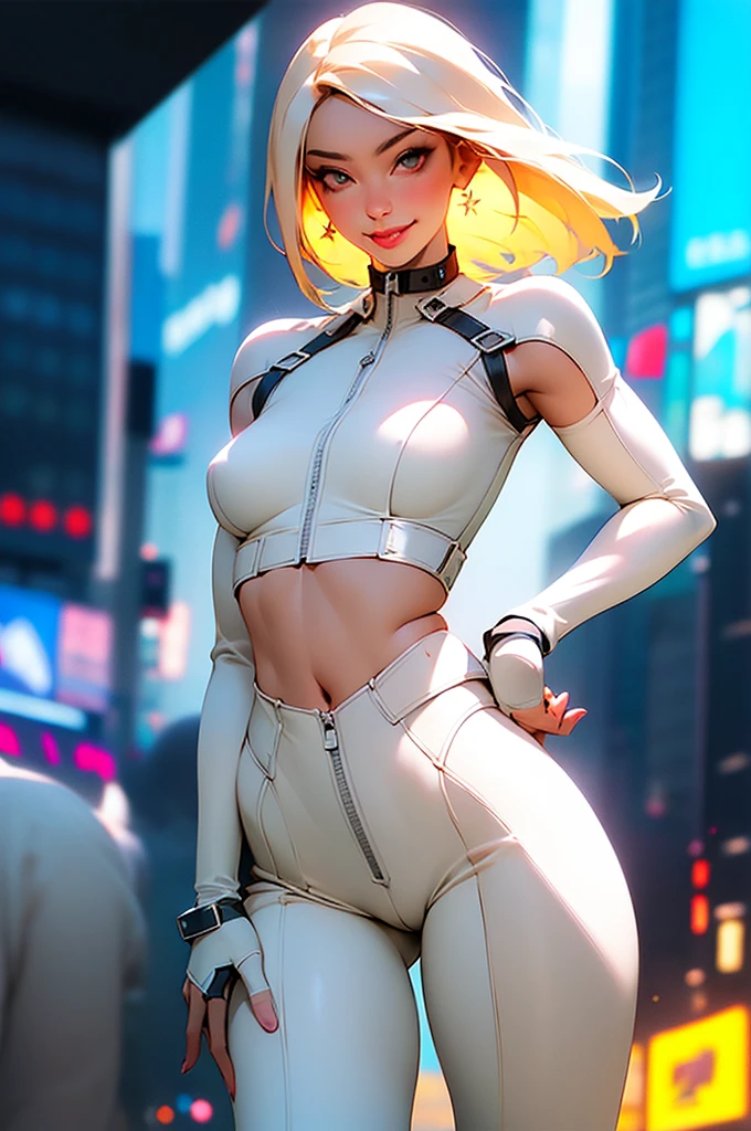 masterpiece,(masterpiece, top quality, best quality),1girl, solo, platinum blonde hair, belt, hand on hip, holding, large breasts, white bodysuit, choker, supergirl insignia white jumpsuit, simple background, looking at viewer, smile, bodysuit, medium short hair, cowboy shot, bangs, standing, lips, closed mouth, brown eyes, medium hair, center opening,