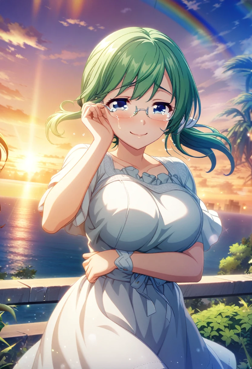 game cg,1girl,green hair,short ponytail,rimless eyewear,blue eyes,large breasts,((happy tears)),smile,((tears)),wiping tears,sunset with rainbow