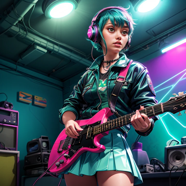 a photorealistic masterpiece, 1girl, short punk hair, green eyes, blue neon skirt, headphones, holding plectrum, (((playing electric:)1.5) guitar indoors), best quality, 8k, ultra-detailed, realistic lighting, vivid colors, physically-based rendering, professional studio lighting.
