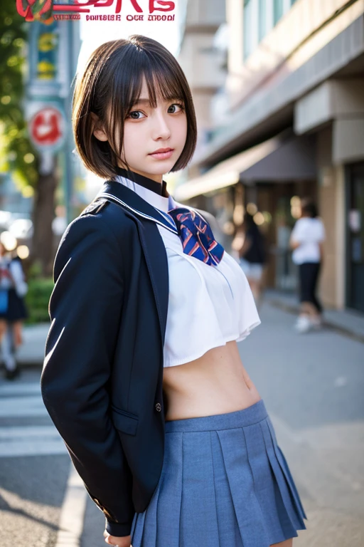 Analog Style, RAWphotograph, photograph, Hyperrealistic, amateur photo shot , Aesthetic artwork, ((Magazine Cover、Large text)), On the city streets, Detailed skin, detailed natural raw light, Very detailedな, Cinematic, highest quality, Super detailed, Very detailed, grain, noise, Heading, stylish, font, Memorable、A boyish and healthy beautiful girl,((Flowing sweat)) Beautiful Eyes, Realistic eyes, Beautiful details in the eyes, (Realistic Skin),Japanese Idols、short hair、(((High school girl)))、(((Short skirt))),choker , (((High school uniform)))