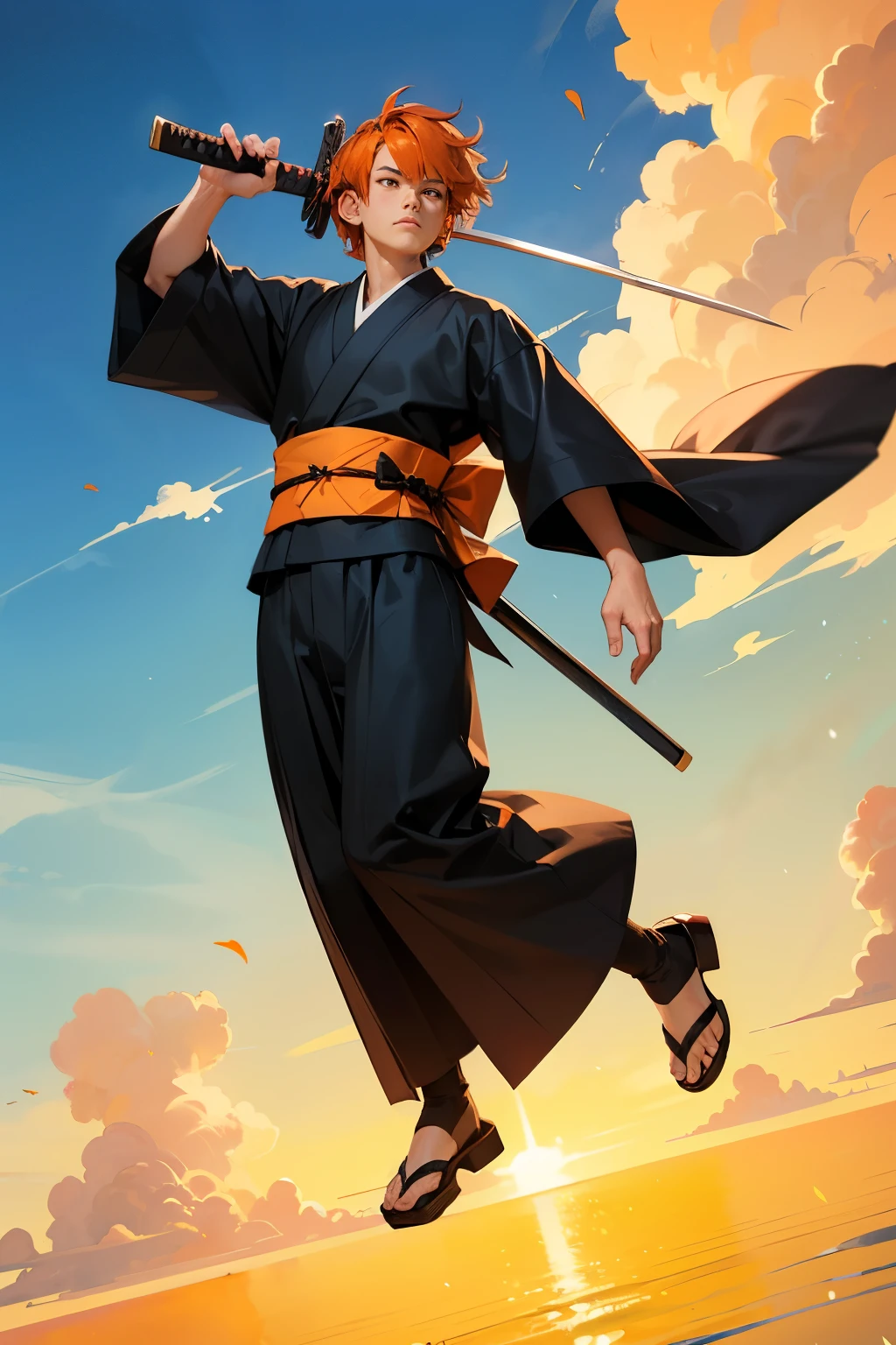 Boys, Full body, Serious face, brown eyes, ((orange hair)), medium length hair, wearing black samurai kimono, black shoe, holding samurai swords, levitate on sky, blue sky, cloud, various sides view