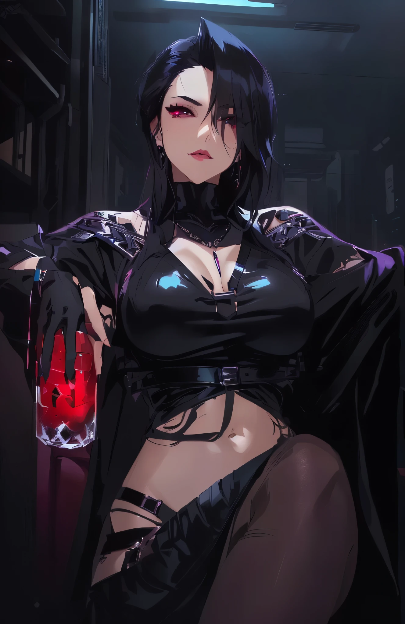 a woman with a black top and a black cape holding a glass of alcohol, black hair, female death holding a cocktail, with a drink, badass anime 8 k, female cyberpunk anime girl, artwork in the style of guweiz, oc commission, portrait of tifa lockhart, cyberpunk anime girl, seductive cyberpunk dark fantasy, aeon flux style, highly detailed exquisite fanart