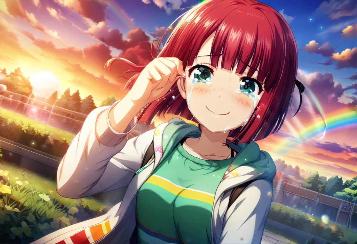 game cg,1girl,rubyred hair,bowlcut hair,half circle ahoge,blue green eyes,((happy tears)),smile,((tears)),wiping tears,sunset with rainbow