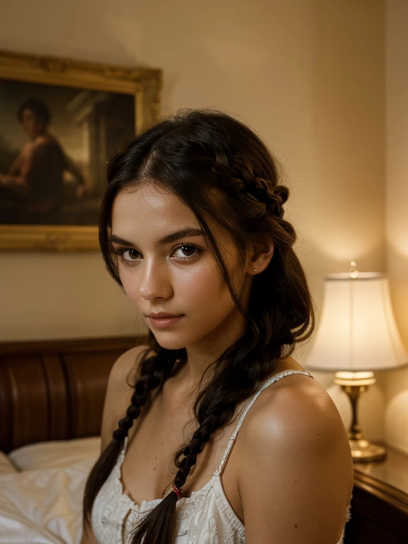 French, bedroom, black hair, french braid, fair skin, loving gaze, dimlit