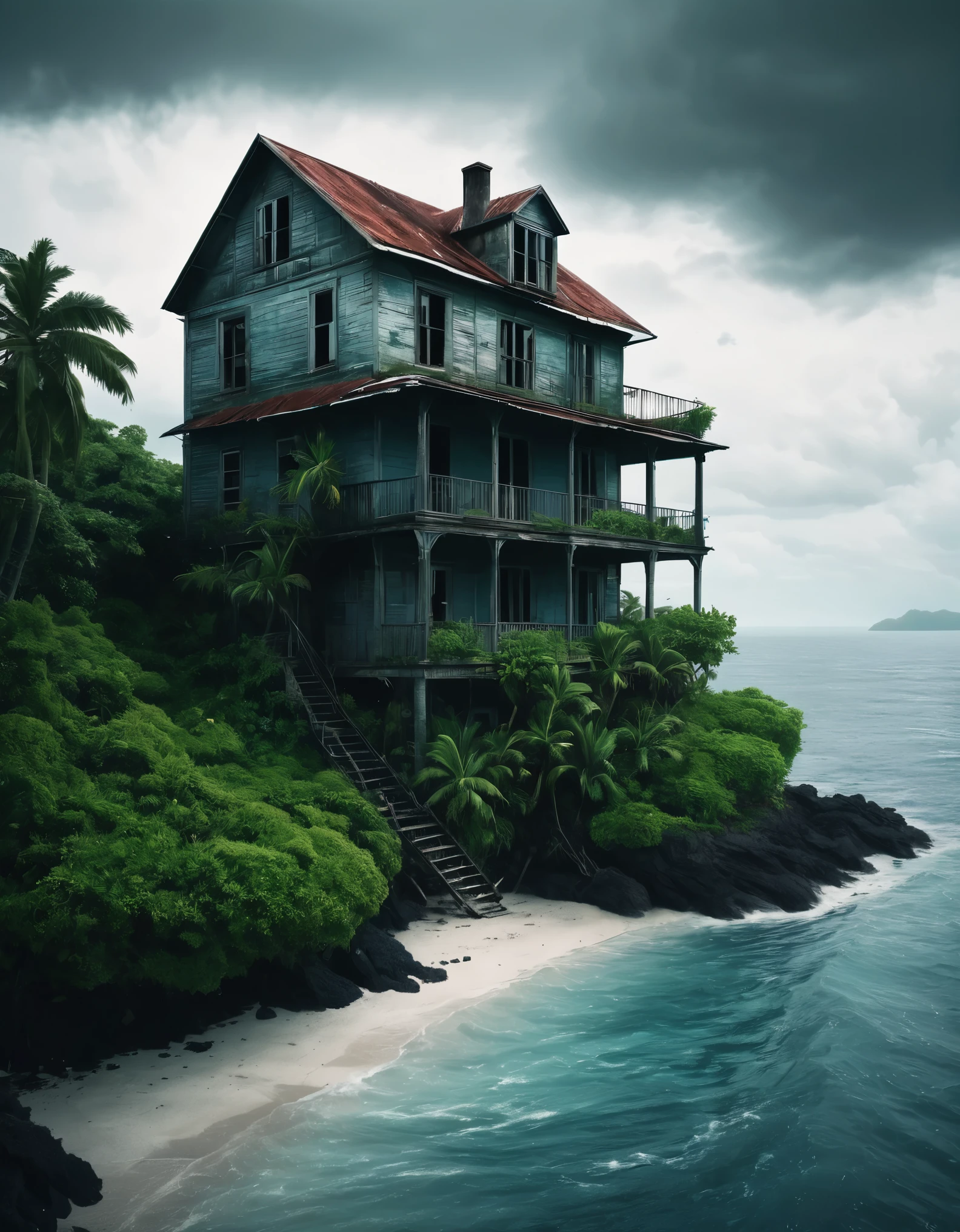 Create an image of a multi-storey rickety old house perched precariously at the end of a tiny tropical island in the middle of the vast ocean. The island is lush with tropical vegetation, and the house appears weathered and aged, with an air of mystery and history. The scene should be cinematic, resembling a film still shot on a V-Raptor XL, with a film grain texture, vignette effect, and color grading to enhance the dramatic atmosphere. The lighting should be cinematic, with a 35mm film quality and a live-action feel, meticulously post-processed to create an epic and stunning visual masterpiece. The mood should be a blend of eerie tranquility and dramatic intensity, making the viewer feel a sense of awe and intrigue. The sky should be overcast, adding to the atmospheric and dramatic tone of the image.

The image should evoke a sense of wonder and mystery, captivating art critics and evoking new emotions in those who view it. Ultra photo realistic, vibrant colors, 16 k