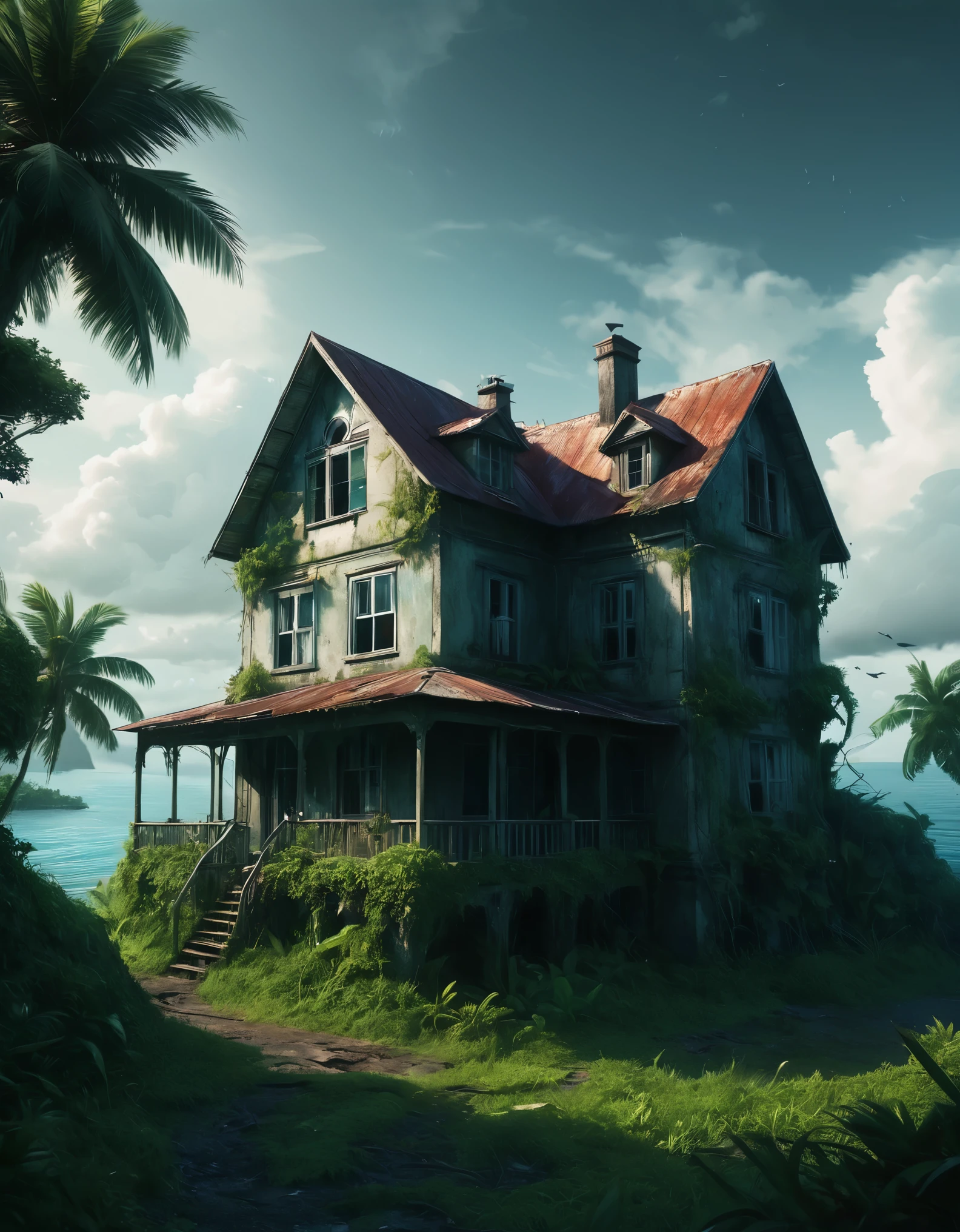 Create an image of a multi-storey rickety old house perched precariously at the end of a tiny tropical island in the middle of the vast ocean. The island is lush with tropical vegetation, and the house appears weathered and aged, with an air of mystery and history. The scene should be cinematic, resembling a film still shot on a V-Raptor XL, with a film grain texture, vignette effect, and color grading to enhance the dramatic atmosphere. The lighting should be cinematic, with a 35mm film quality and a live-action feel, meticulously post-processed to create an epic and stunning visual masterpiece. The mood should be a blend of eerie tranquility and dramatic intensity, making the viewer feel a sense of awe and intrigue. The sky should be overcast, adding to the atmospheric and dramatic tone of the image.
The image should evoke a sense of wonder and mystery, captivating art critics and evoking new emotions in those who view it. Ultra photo realistic, vibrant colors, 16 k