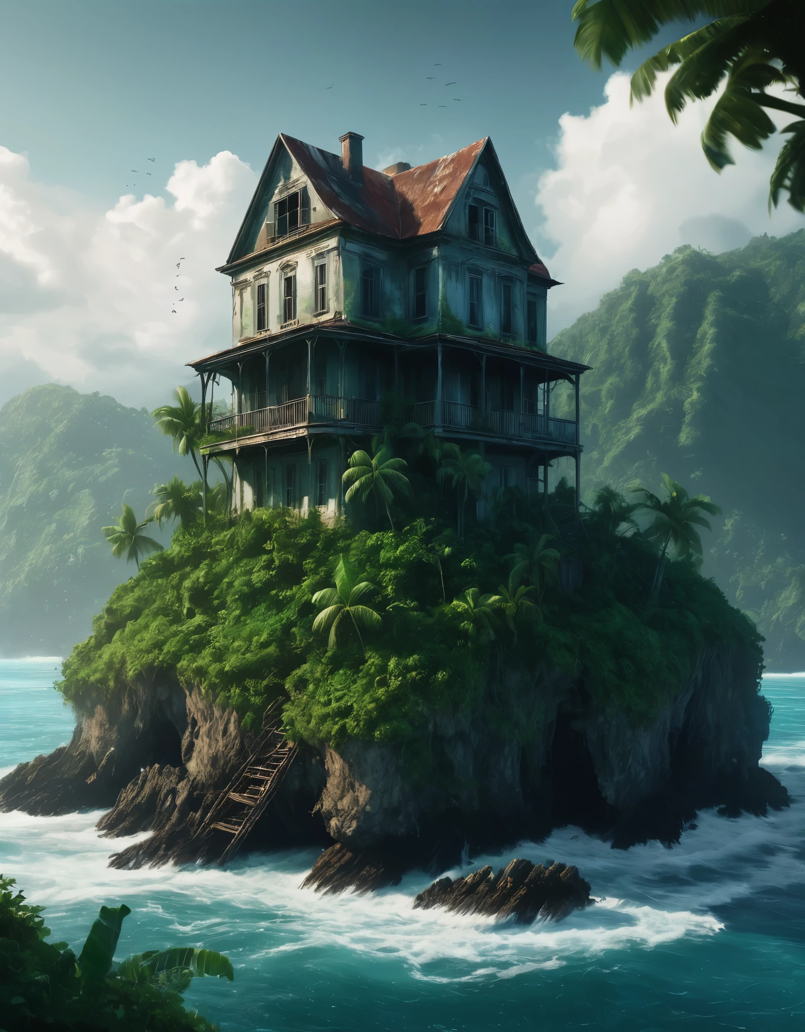 Create an image of a multi-storey rickety old house perched precariously at the end of a tiny tropical island in the middle of the vast ocean. The island is lush with tropical vegetation, and the house appears weathered and aged, with an air of mystery and history. The scene should be cinematic, resembling a film still shot on a V-Raptor XL, with a film grain texture, vignette effect, and color grading to enhance the dramatic atmosphere. The lighting should be cinematic, with a 35mm film quality and a live-action feel, meticulously post-processed to create an epic and stunning visual masterpiece. The mood should be a blend of eerie tranquility and dramatic intensity, making the viewer feel a sense of awe and intrigue. The sky should be overcast, adding to the atmospheric and dramatic tone of the image.

The image should evoke a sense of wonder and mystery, captivating art critics and evoking new emotions in those who view it. Ultra photo realistic, vibrant colors, 16 k