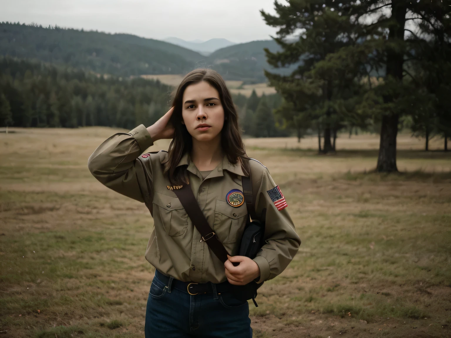 a young caucasian female disguised as a boy scout, saluting the american flag during the pledge of allegiance, a blurred male figure playing a bugle in the background, a field, treeline of pacific northwestern forest in background (best quality,4k,8k,highres,masterpiece:1.2),ultra-detailed,(realistic,photorealistic,photo-realistic:1.37),cinematic lighting,dramatic colors,cinematic composition,intricate details,expressive pose,emotional expression,dramatic atmosphere,cinematic perspective, hyperrealistic