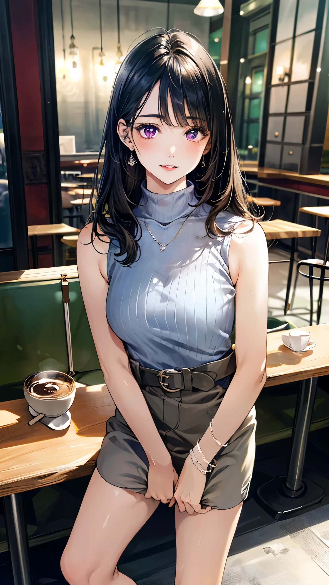 (masterpiece:1.3, top-quality, ultra high res, ultra detailed), (realistic, photorealistic:1.4), beautiful illustration, perfect lighting, natural lighting, colorful, depth of fields, surrealism,
beautiful detailed hair, beautiful detailed face, beautiful detailed eyes, beautiful clavicle, beautiful body, beautiful chest, beautiful thigh, beautiful legs, beautiful fingers, shiny skin,
looking away, 1 girl, japanese, 20 years old, (perfect anatomy, anatomically correct, super detailed skin), cute and symmetrical face, babyface, perfect face, perfect eyes, slender,
(long hair:1.8, straight hair, black hair), bangs, violet eyes, drooping eyes, long eye lasher, (medium breasts, seductive thighs),
sleeveless light blue turtleneck sweater, light blue high heels with straps, white middle shirt, belt, wrist chakra, necklace,
(beautiful scenery), evening, (café:1.5), standing, (lovely smile, parted lips),