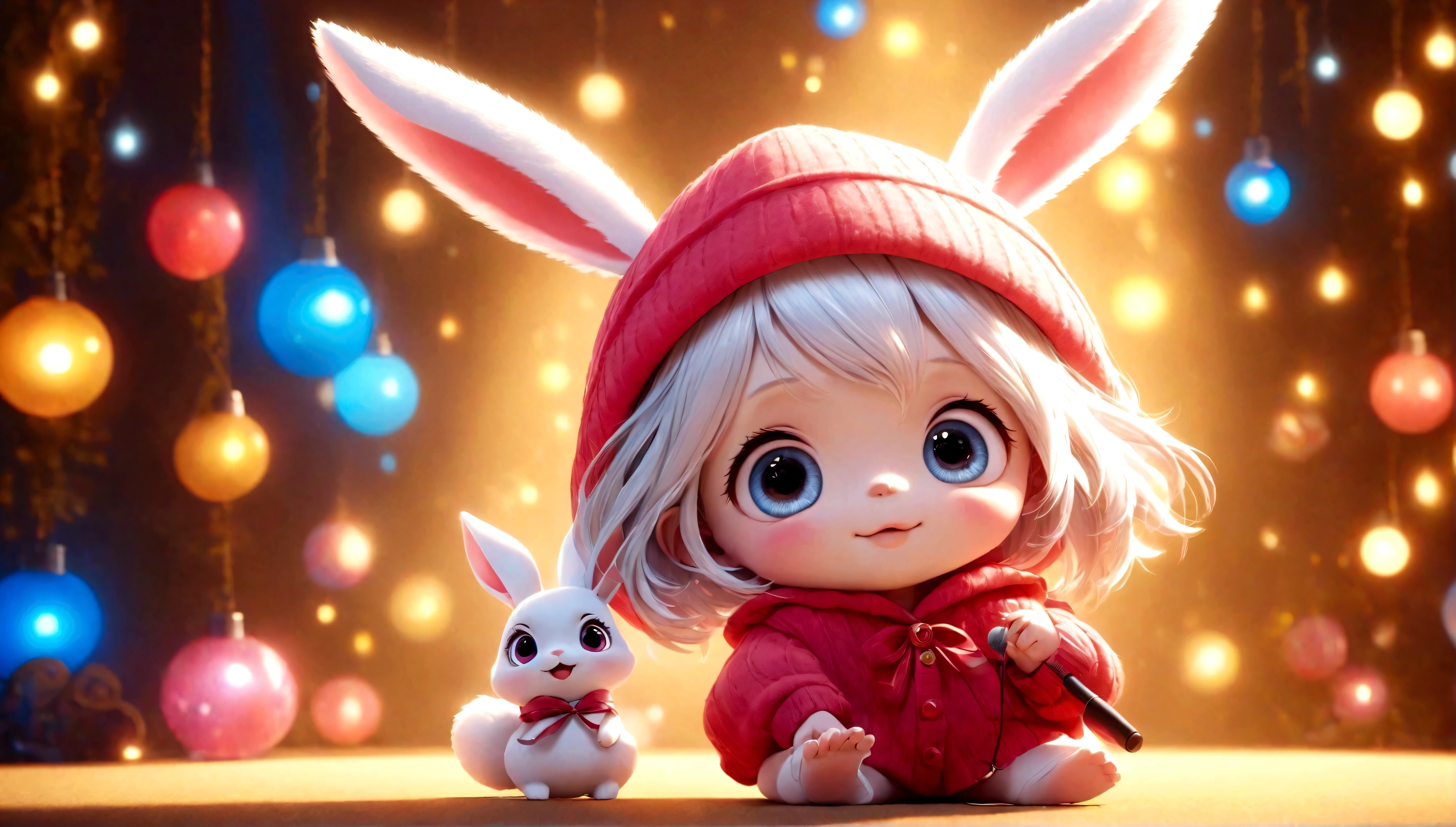 Cute baby pixar style white fairy rabbit, many pink lights, sing with a microphone, extremely detailed 3d animation, shiny snowwhite fluffy, big bright eyes, fluffy tail, wearing red sweater, wearing light yellow a hat smile, delicate and fine, fairy tales, incredibly high detailed, pixar style, bright color, natural light, simple background with pure color, 