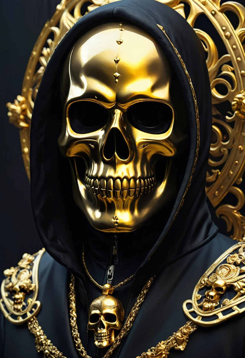 a closeup of a skull with a golden mask and a black jacket, hermoso dios masculino de la muerte, calavera de fantasia, Arte detallado de alta calidad 8k, irreal 5. retrato de rol, arte digital oscuro pero detallado, Arte digital 4k muy detallado, amenazador. irreal 5, cgsociety uhd 4k muy detallado, por Yang J., motor irreal 5 arte digital